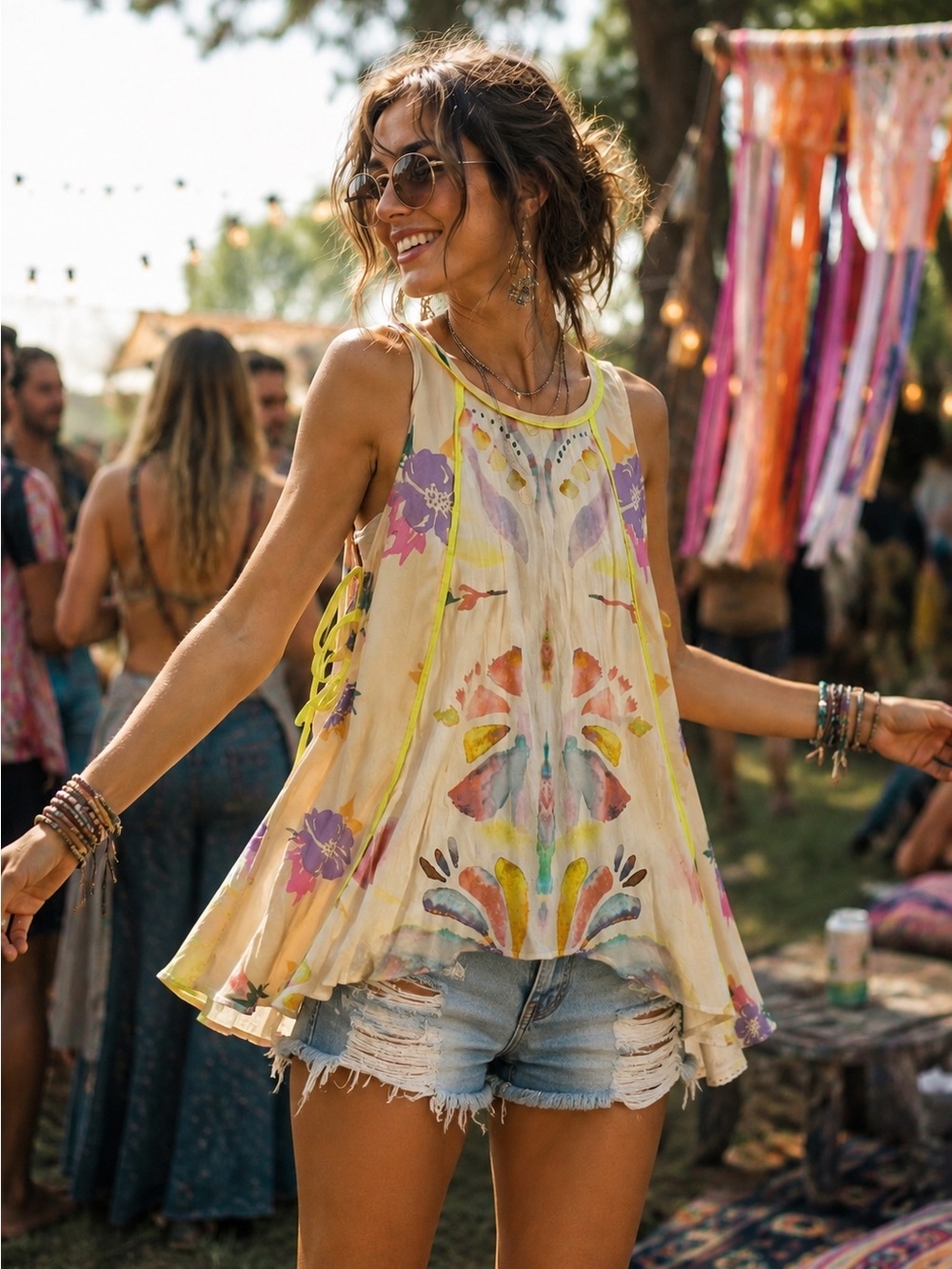 Free People Boho Floral Polyester Tunic Tank Size XS